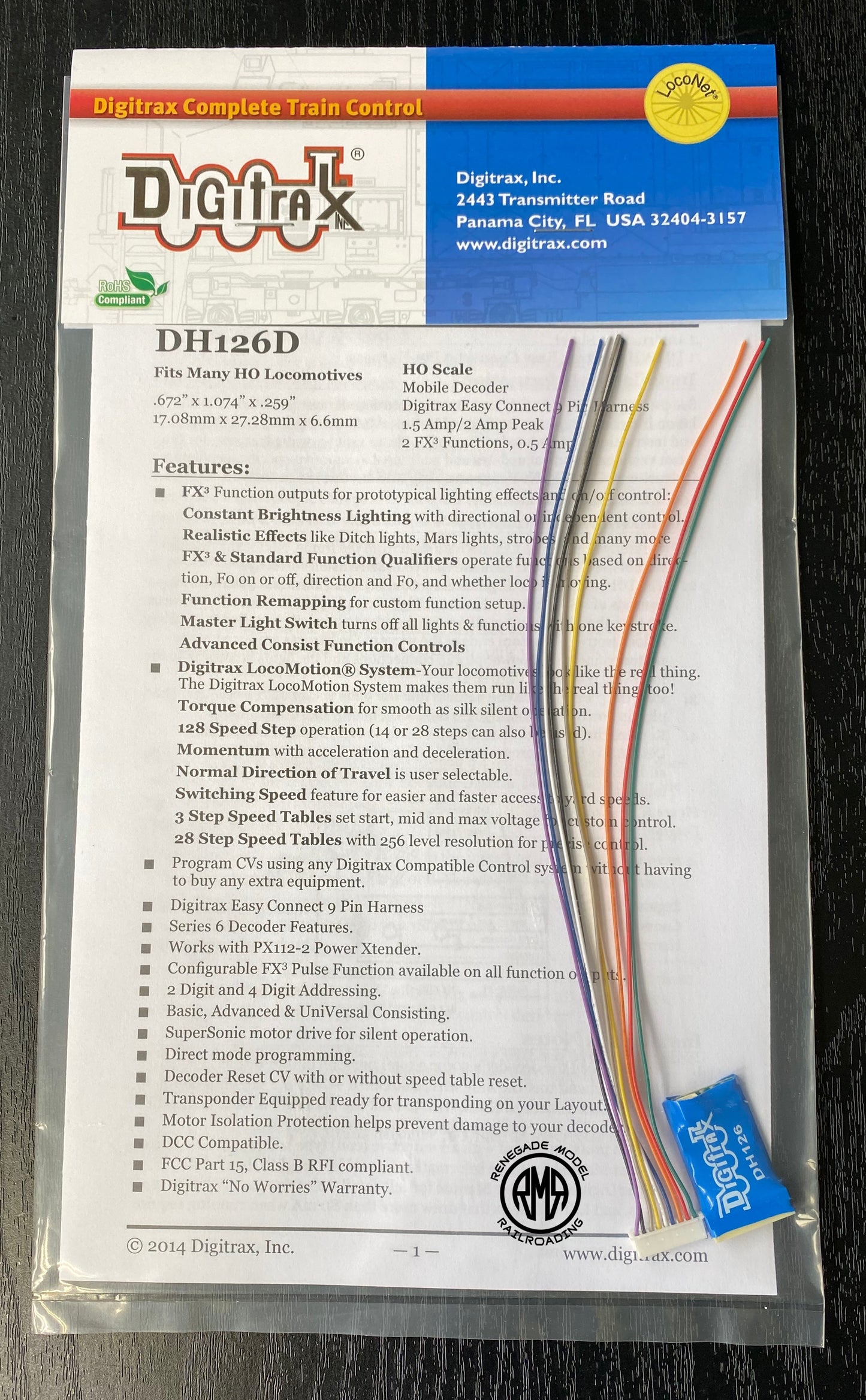 Digitrax DH126D 1.5 Amp 9 Pin Wired Decoder