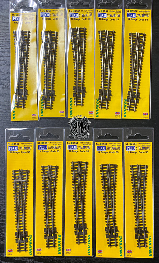 Peco SL-U395F SL-U396F Unifrog Medium Radius Right/Left Hand Turnout Code 55 Set
