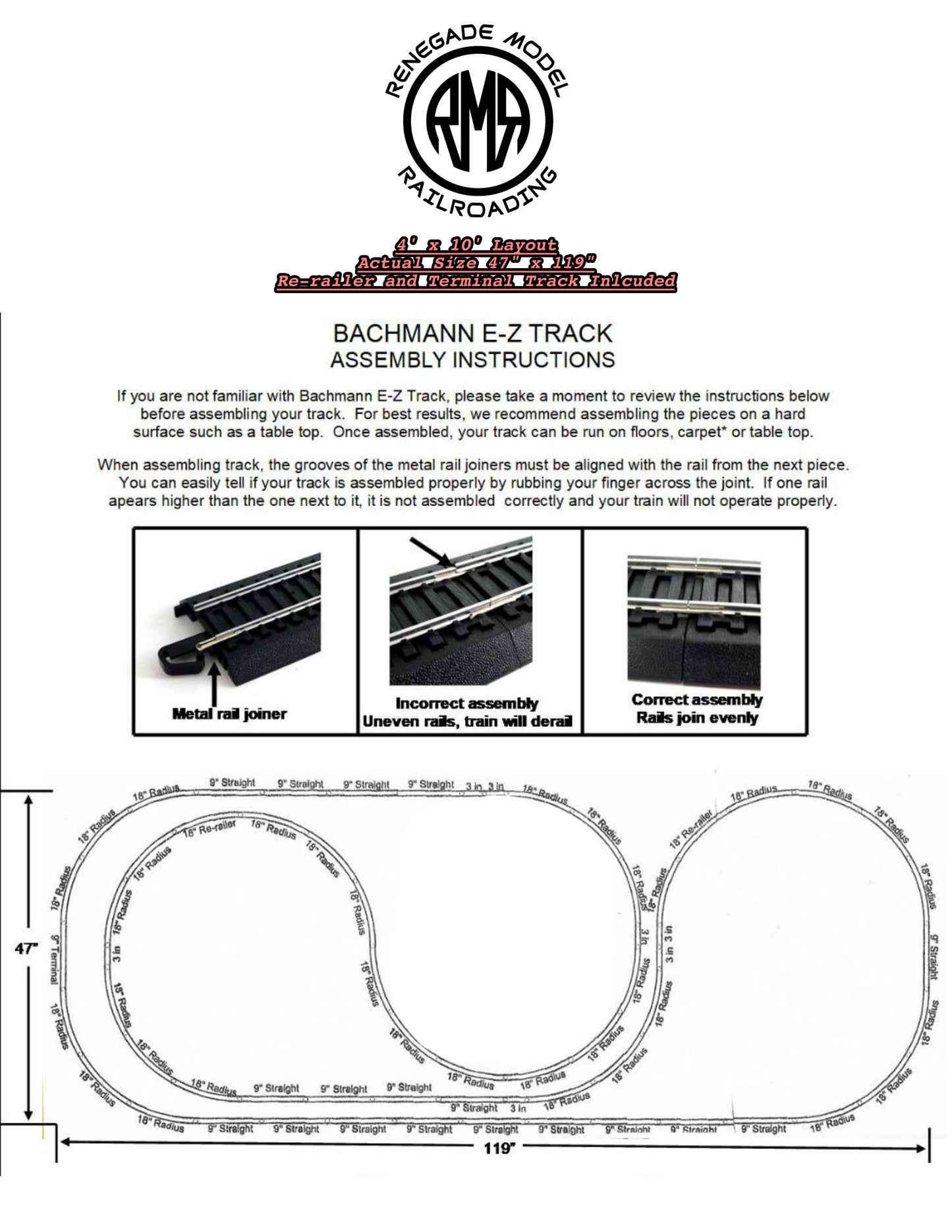 Bachmann HO Scale Nickel Silver EZ Track 4' x 10' 3 Ring