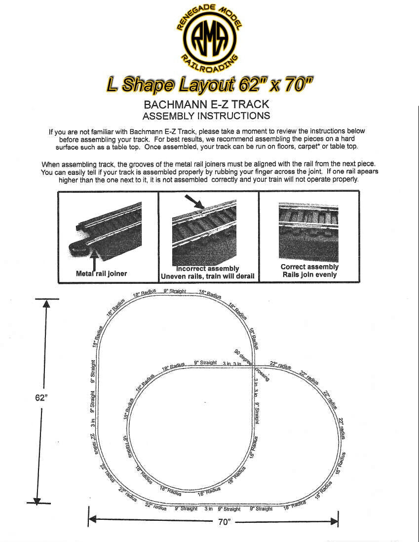 Bachmann HO Scale Steel Alloy EZ Track 62" X 70" L Shape Layout Set Model Train