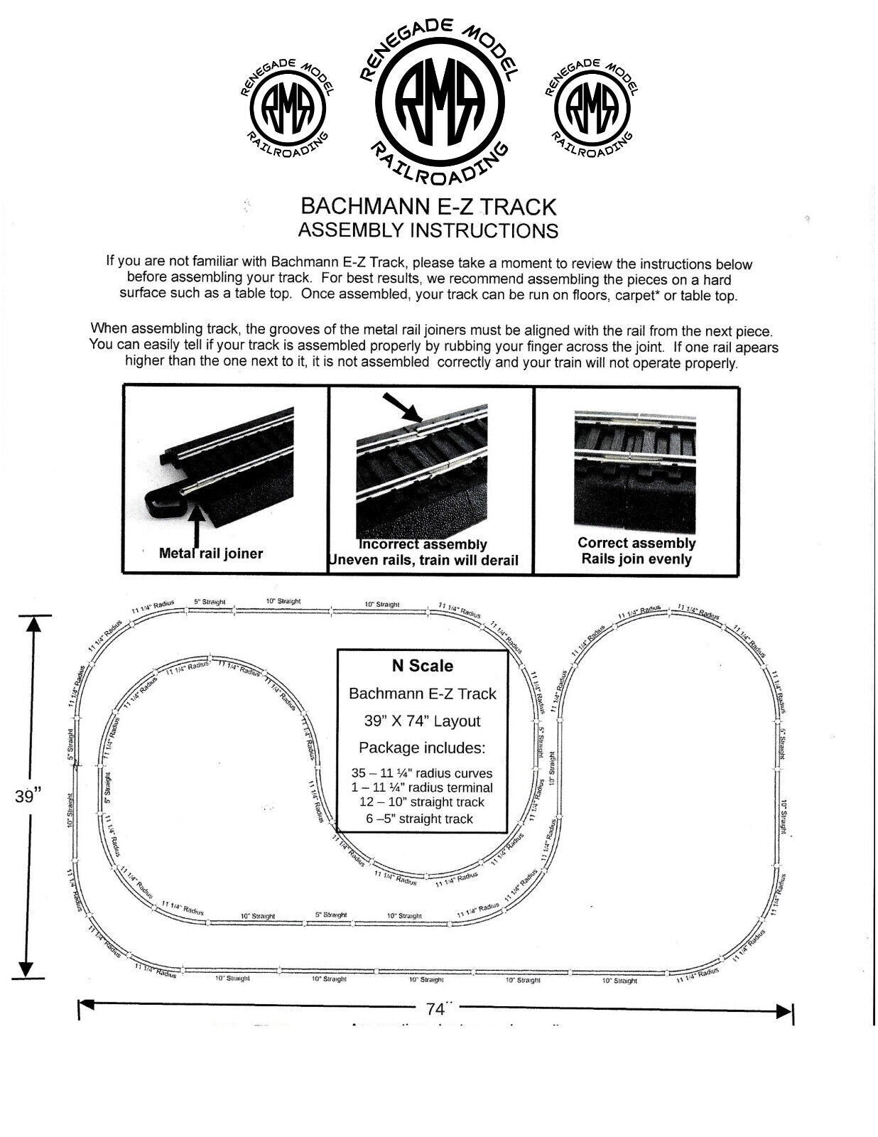 Bachmann N Scale Nickel Silver EZ Track 39" x 74" 3 Ring Layout Set