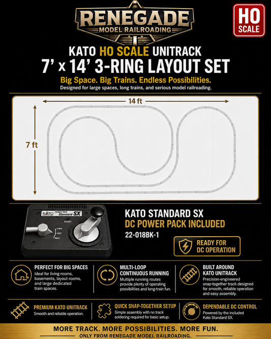 Kato HO Scale Nickel Silver Unitrack 7' x 14' 3-Ring Layout Set DC Power Pack