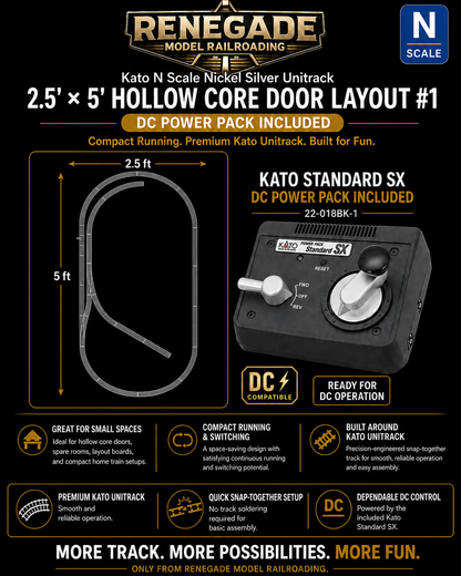 KATO N Scale 2.5' x 5' Hollow Core Door Layout + Kato DC Power Pack 20-018BK-1