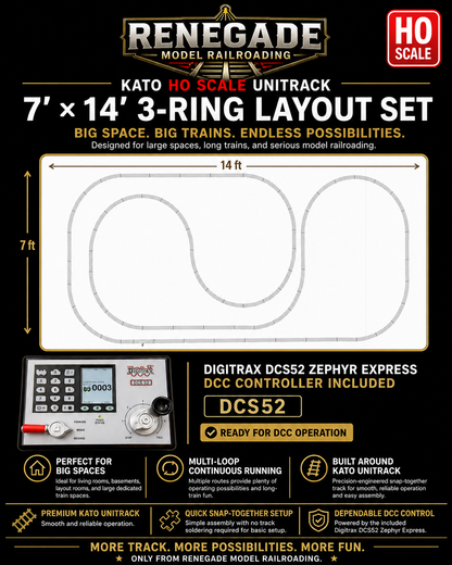 Kato HO Scale Nickel Silver Unitrack 7' x 14' 3-Ring Layout Set DCS52 DCC