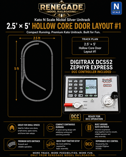 KATO N Scale Unitrack 2.5' x 5' Hollow Core Door #1 Layout + Digitrax DCS52 DCC