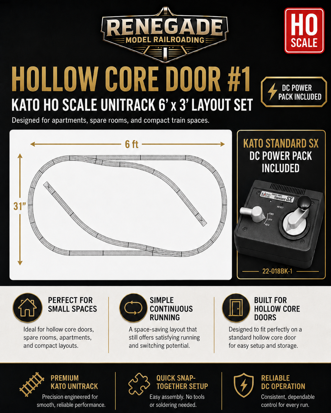 Kato HO Scale Unitrack Hollow Core Door #1 6' x 31" Layout Set w/ DC Power