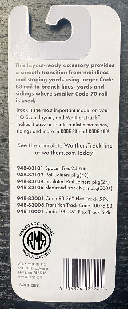 Walthers 948-83002 HO Scale Nickel Silver Transition Track Code 83 to Code 70