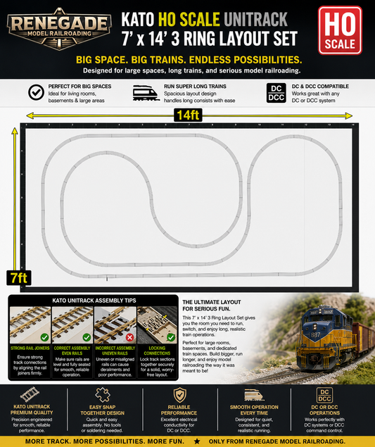 Kato HO Scale Nickel Silver UNI Track 7' x 14' 3 Ring Layout Set DC DCC