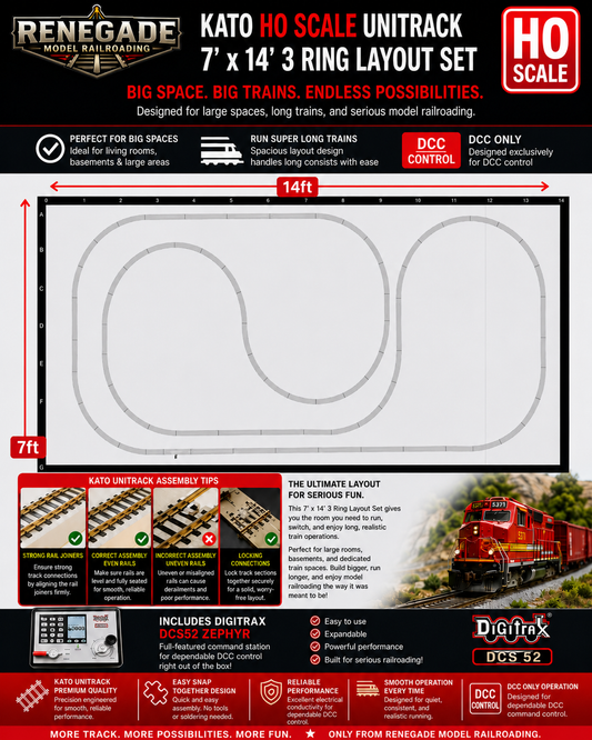 Kato HO Scale Nickel Silver Unitrack 7' x 14' 3-Ring Layout Set DCS52 DCC
