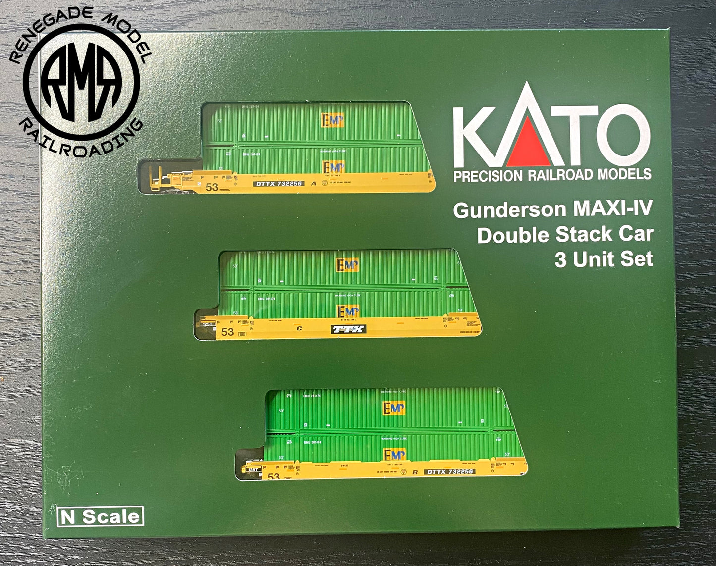 KATO 1066187 N Gunderson MAXI IV TTX 3 UNIT Well Car Set 6 Containers